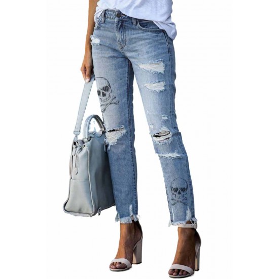 Sky Blue Skull Print Distressed High Waist Slim Fit Boyfriend Jeans Sky Blue Skull Print Distressed High Waist Slim Fit Boyfriend Jeans