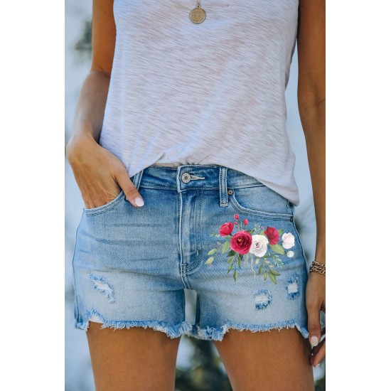 Sky Blue Floral Print Split Distressed High Waist Denim Short Sky Blue Floral Print Split Distressed High Waist Denim Short