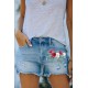 Sky Blue Floral Print Split Distressed High Waist Denim Short Sky Blue Floral Print Split Distressed High Waist Denim Short