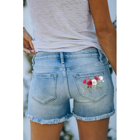 Sky Blue Floral Print Split Distressed High Waist Denim Short Sky Blue Floral Print Split Distressed High Waist Denim Short