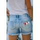 Sky Blue Floral Print Split Distressed High Waist Denim Short Sky Blue Floral Print Split Distressed High Waist Denim Short