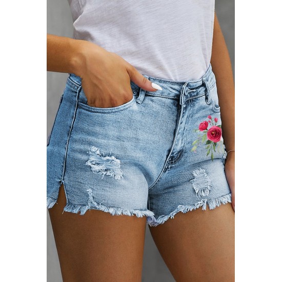 Sky Blue Floral Print Split Distressed High Waist Denim Short Sky Blue Floral Print Split Distressed High Waist Denim Short