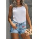 Sky Blue Floral Print Split Distressed High Waist Denim Short Sky Blue Floral Print Split Distressed High Waist Denim Short