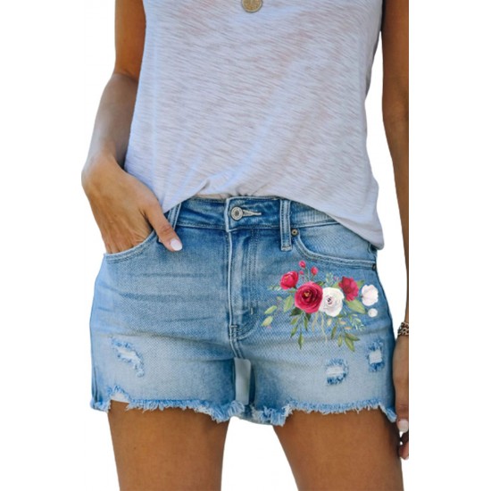 Sky Blue Floral Print Split Distressed High Waist Denim Short Sky Blue Floral Print Split Distressed High Waist Denim Short