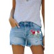 Sky Blue Floral Print Split Distressed High Waist Denim Short Sky Blue Floral Print Split Distressed High Waist Denim Short