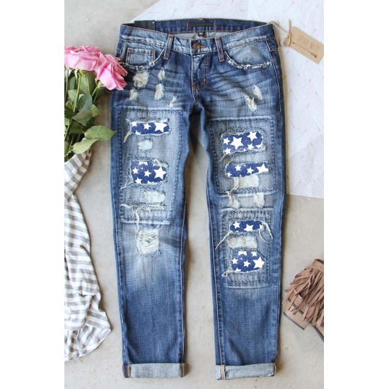 Sky Blue Star Print Patchwork Mid Waist Distressed Jeans Sky Blue Star Print Patchwork Mid Waist Distressed Jeans