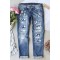 Sky Blue Star Print Patchwork Mid Waist Distressed Jeans