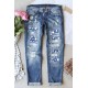 Sky Blue Star Print Patchwork Mid Waist Distressed Jeans Sky Blue Star Print Patchwork Mid Waist Distressed Jeans