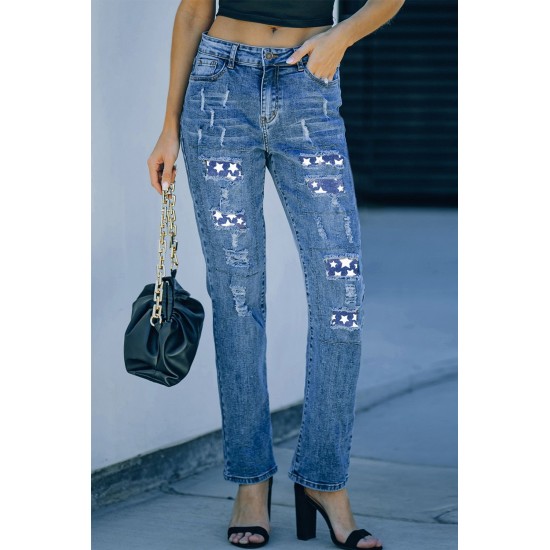 Sky Blue Star Print Patchwork Mid Waist Distressed Jeans Sky Blue Star Print Patchwork Mid Waist Distressed Jeans