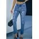 Sky Blue Star Print Patchwork Mid Waist Distressed Jeans Sky Blue Star Print Patchwork Mid Waist Distressed Jeans