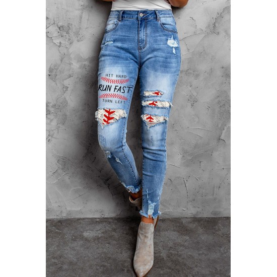 Sky Blue Baseball Letter Print Splicing Skinny High Waist Ankle Jeans Sky Blue Baseball Letter Print Splicing Skinny High Waist Ankle Jeans