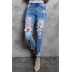 Sky Blue Baseball Letter Print Splicing Skinny High Waist Ankle Jeans Sky Blue Baseball Letter Print Splicing Skinny High Waist Ankle Jeans