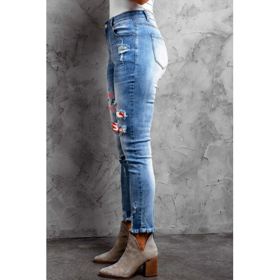 Sky Blue Baseball Letter Print Splicing Skinny High Waist Ankle Jeans Sky Blue Baseball Letter Print Splicing Skinny High Waist Ankle Jeans