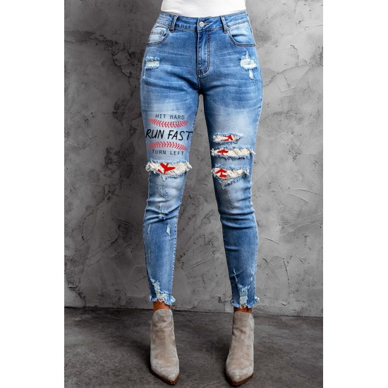 Sky Blue Baseball Letter Print Splicing Skinny High Waist Ankle Jeans Sky Blue Baseball Letter Print Splicing Skinny High Waist Ankle Jeans