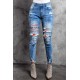 Sky Blue Baseball Letter Print Splicing Skinny High Waist Ankle Jeans Sky Blue Baseball Letter Print Splicing Skinny High Waist Ankle Jeans