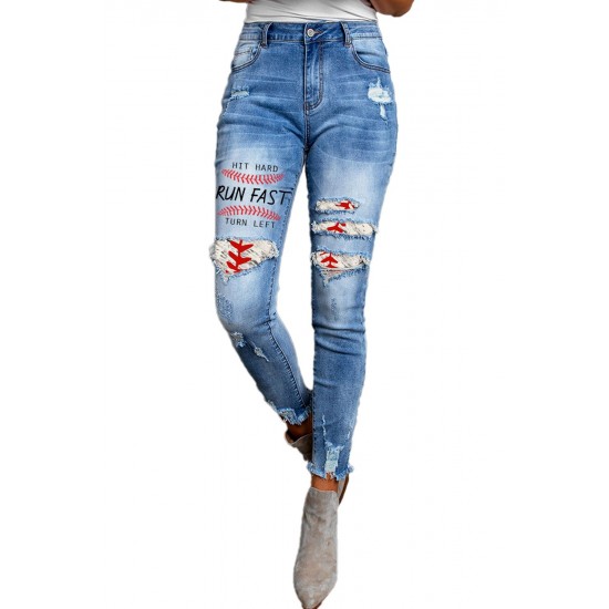 Sky Blue Baseball Letter Print Splicing Skinny High Waist Ankle Jeans Sky Blue Baseball Letter Print Splicing Skinny High Waist Ankle Jeans