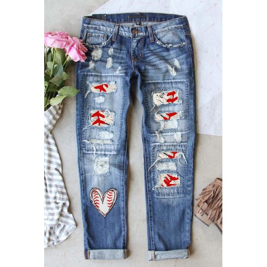 Sky Blue Baseball Heart Print Patchwork Distressed Jeans Sky Blue Baseball Heart Print Patchwork Distressed Jeans