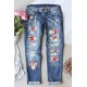 Sky Blue Baseball Heart Print Patchwork Distressed Jeans Sky Blue Baseball Heart Print Patchwork Distressed Jeans