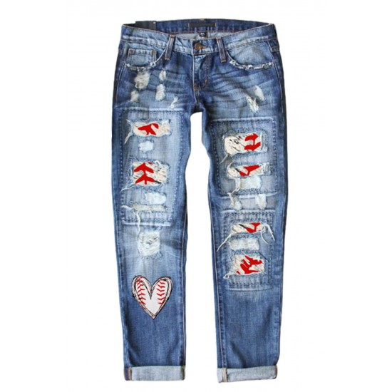 Sky Blue Baseball Heart Print Patchwork Distressed Jeans Sky Blue Baseball Heart Print Patchwork Distressed Jeans