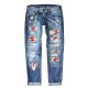 Sky Blue Baseball Heart Print Patchwork Distressed Jeans Sky Blue Baseball Heart Print Patchwork Distressed Jeans