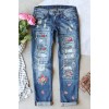 Sky Blue Floral Print Contrast Distressed Mid Waist Jeans