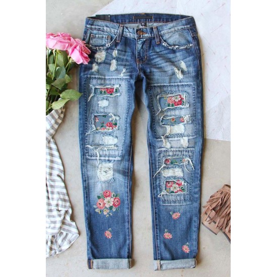 Sky Blue Floral Print Contrast Distressed Mid Waist Jeans Sky Blue Floral Print Contrast Distressed Mid Waist Jeans