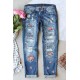 Sky Blue Floral Print Contrast Distressed Mid Waist Jeans Sky Blue Floral Print Contrast Distressed Mid Waist Jeans