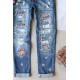 Sky Blue Floral Print Contrast Distressed Mid Waist Jeans Sky Blue Floral Print Contrast Distressed Mid Waist Jeans