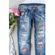 Sky Blue Floral Print Contrast Distressed Mid Waist Jeans Sky Blue Floral Print Contrast Distressed Mid Waist Jeans