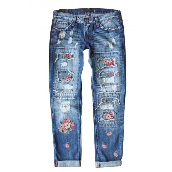 Sky Blue Floral Print Contrast Distressed Mid Waist Jeans Sky Blue Floral Print Contrast Distressed Mid Waist Jeans
