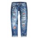 Sky Blue Floral Print Contrast Distressed Mid Waist Jeans Sky Blue Floral Print Contrast Distressed Mid Waist Jeans