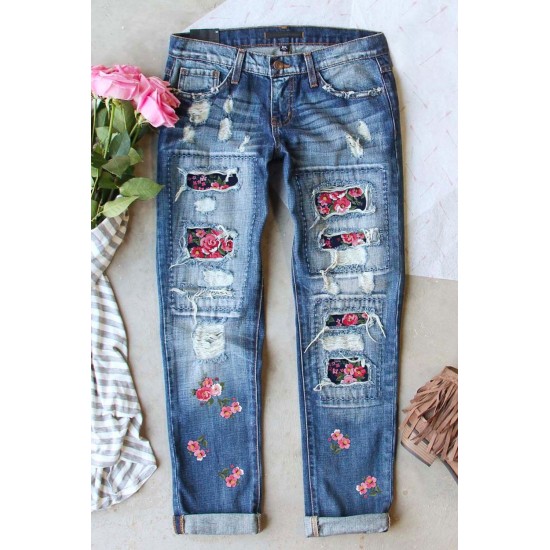 Sky Blue Floral Print Patchwork Distressed Straight Leg Jeans Sky Blue Floral Print Patchwork Distressed Straight Leg Jeans