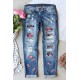 Sky Blue Floral Print Patchwork Distressed Straight Leg Jeans Sky Blue Floral Print Patchwork Distressed Straight Leg Jeans