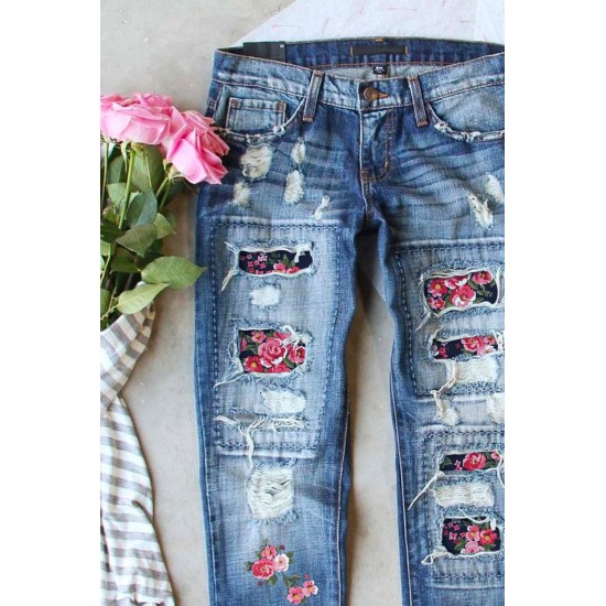 Sky Blue Floral Print Patchwork Distressed Straight Leg Jeans Sky Blue Floral Print Patchwork Distressed Straight Leg Jeans