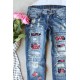 Sky Blue Floral Print Patchwork Distressed Straight Leg Jeans Sky Blue Floral Print Patchwork Distressed Straight Leg Jeans
