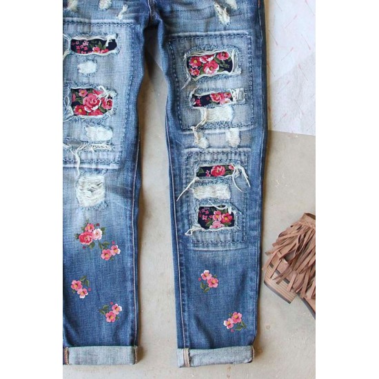 Sky Blue Floral Print Patchwork Distressed Straight Leg Jeans Sky Blue Floral Print Patchwork Distressed Straight Leg Jeans