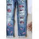 Sky Blue Floral Print Patchwork Distressed Straight Leg Jeans Sky Blue Floral Print Patchwork Distressed Straight Leg Jeans
