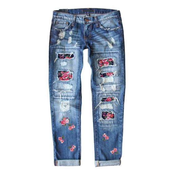 Sky Blue Floral Print Patchwork Distressed Straight Leg Jeans Sky Blue Floral Print Patchwork Distressed Straight Leg Jeans
