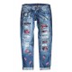 Sky Blue Floral Print Patchwork Distressed Straight Leg Jeans Sky Blue Floral Print Patchwork Distressed Straight Leg Jeans