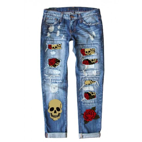 Sky Blue Rose Skull Patchwork Ripped Jeans Sky Blue Rose Skull Patchwork Ripped Jeans