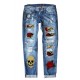 Sky Blue Rose Skull Patchwork Ripped Jeans Sky Blue Rose Skull Patchwork Ripped Jeans