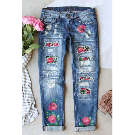 Sky Blue Cheetah Floral Print Contrast Mid Waist Distressed Jeans Sky Blue Cheetah Floral Print Contrast Mid Waist Distressed Jeans