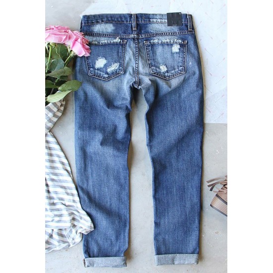 Sky Blue Cheetah Floral Print Contrast Mid Waist Distressed Jeans Sky Blue Cheetah Floral Print Contrast Mid Waist Distressed Jeans