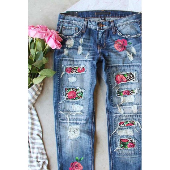 Sky Blue Cheetah Floral Print Contrast Mid Waist Distressed Jeans Sky Blue Cheetah Floral Print Contrast Mid Waist Distressed Jeans