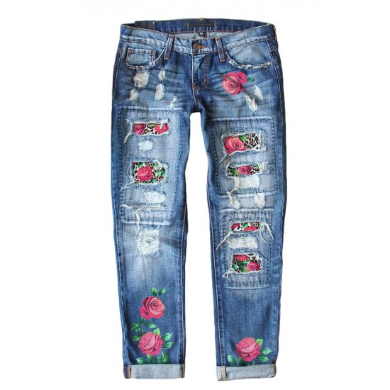 Sky Blue Cheetah Floral Print Contrast Mid Waist Distressed Jeans Sky Blue Cheetah Floral Print Contrast Mid Waist Distressed Jeans