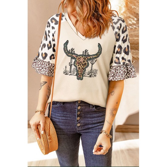 Khaki Leopard Bull Head Ruffled Sleeve Waffle Knit Top Khaki Leopard Bull Head Ruffled Sleeve Waffle Knit Top