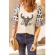 Khaki Leopard Bull Head Ruffled Sleeve Waffle Knit Top Khaki Leopard Bull Head Ruffled Sleeve Waffle Knit Top