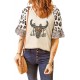 Khaki Leopard Bull Head Ruffled Sleeve Waffle Knit Top Khaki Leopard Bull Head Ruffled Sleeve Waffle Knit Top