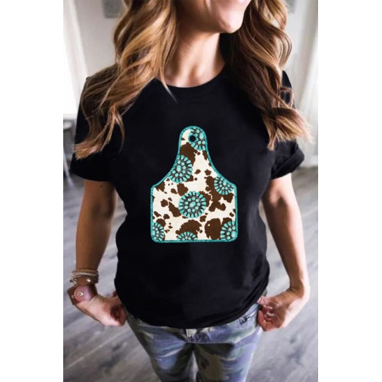 Solid Black Turquoise Cow Ox Horn Tag Graphic Tee Solid Black Turquoise Cow Ox Horn Tag Graphic Tee