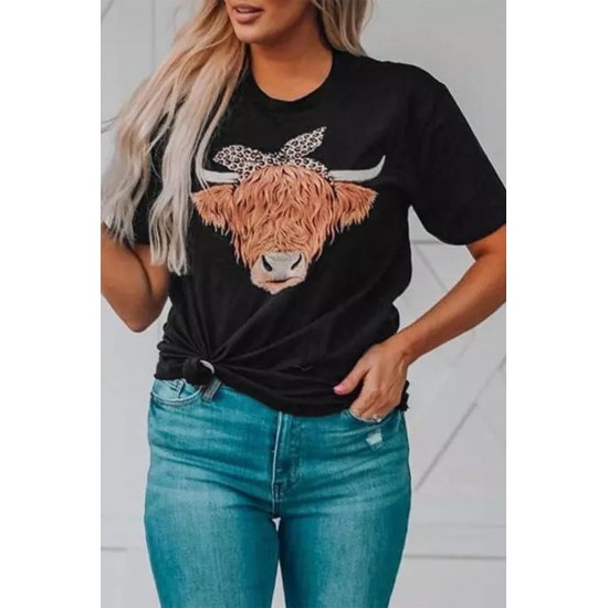 Black Cute Cattle Leopard O-Neck T-Shirt Black Cute Cattle Leopard O-Neck T-Shirt